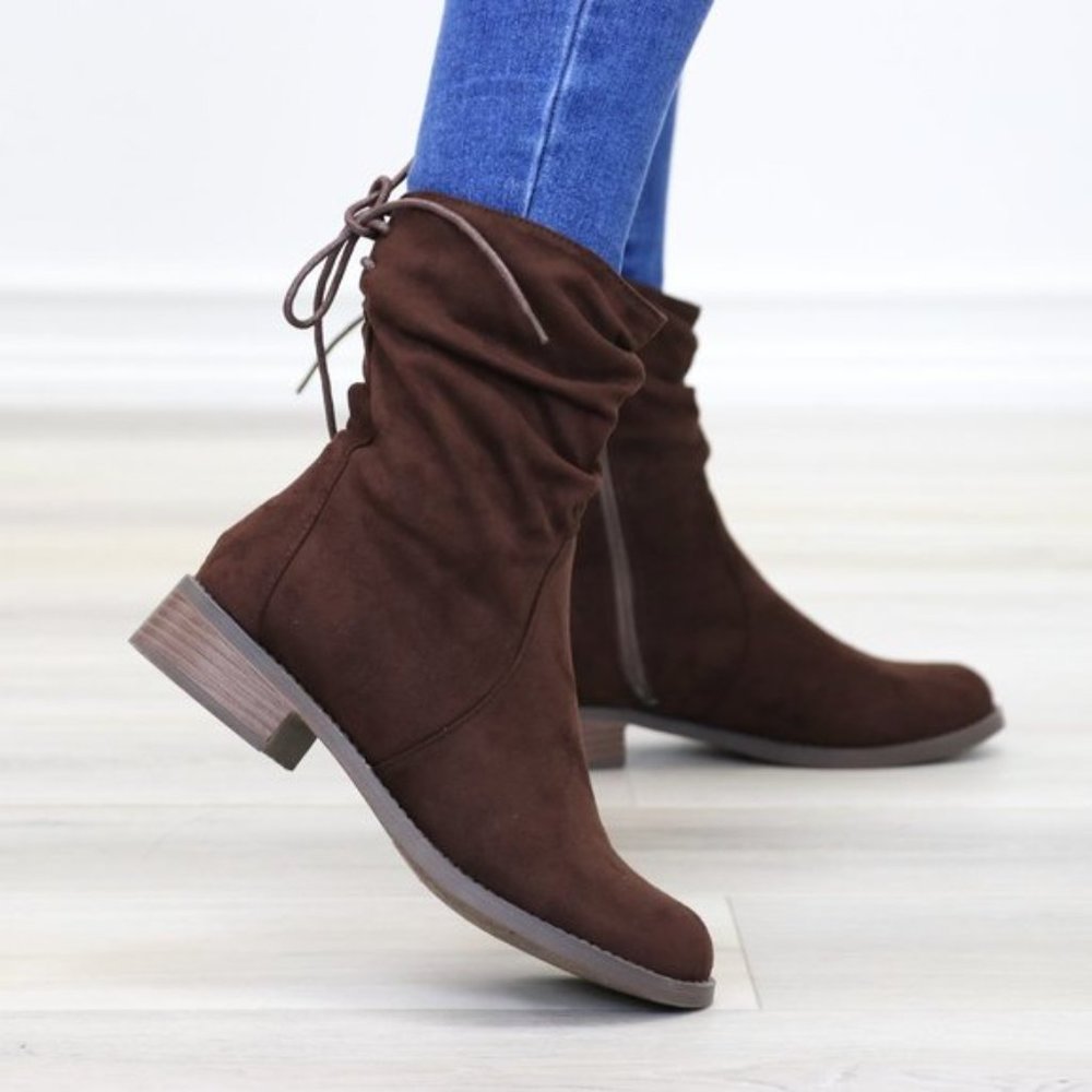 Brown Round Toe Suede Ankle Booties With Lace Back - Picture 6 of 15